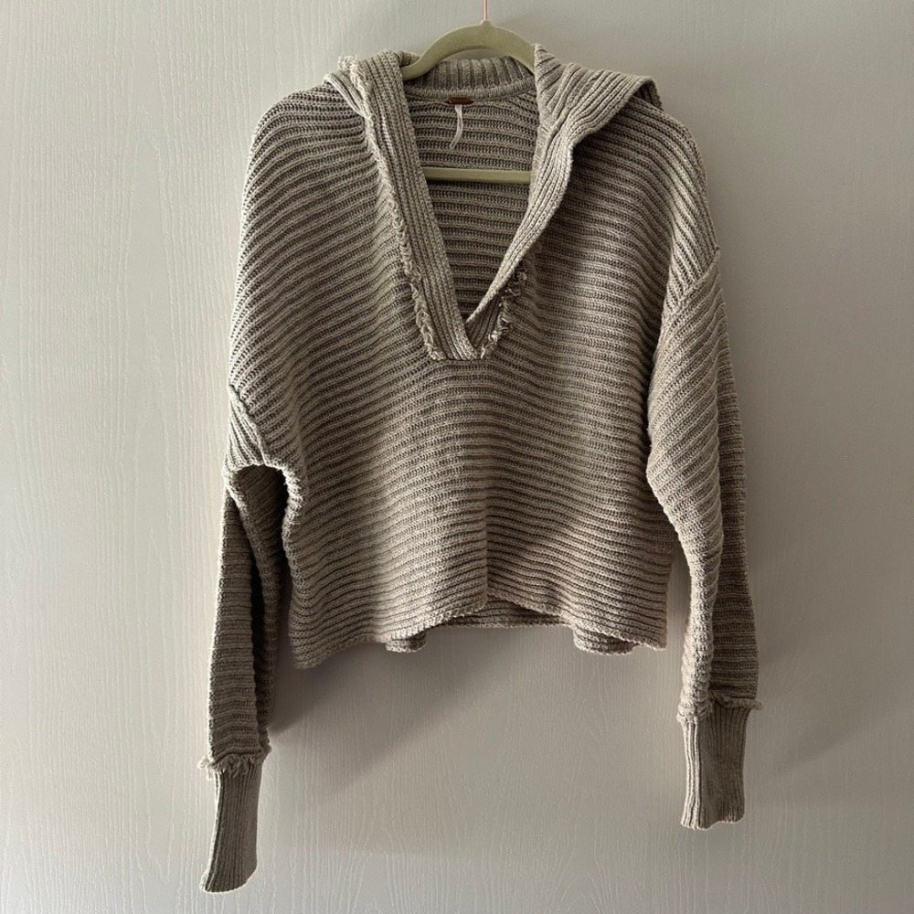 Free People Marlie Oversized Ribbed Pullover Sweater Beige Pebble XS OB1332205